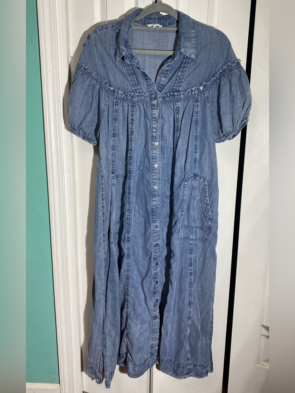 Easel Blue Denim Summer Boho Midi Dress Button M Puff Sleeve AA20
